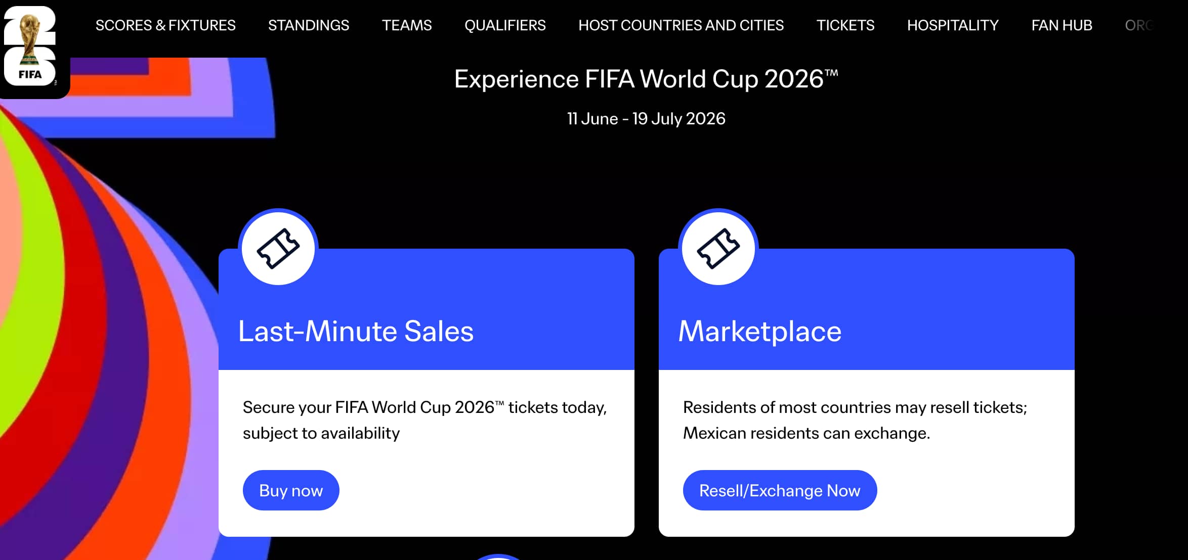 FIFA World Cup 2026 ticketing page showing Last-Minute Sales and Marketplace options