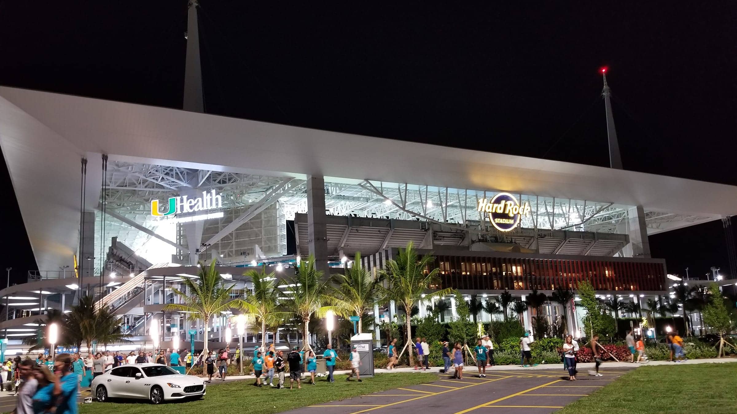 Hard Rock Stadium exterior at night in Miami Gardens, the venue listed as Miami Stadium for Saudi Arabia vs Uruguay at World Cup 2026.
