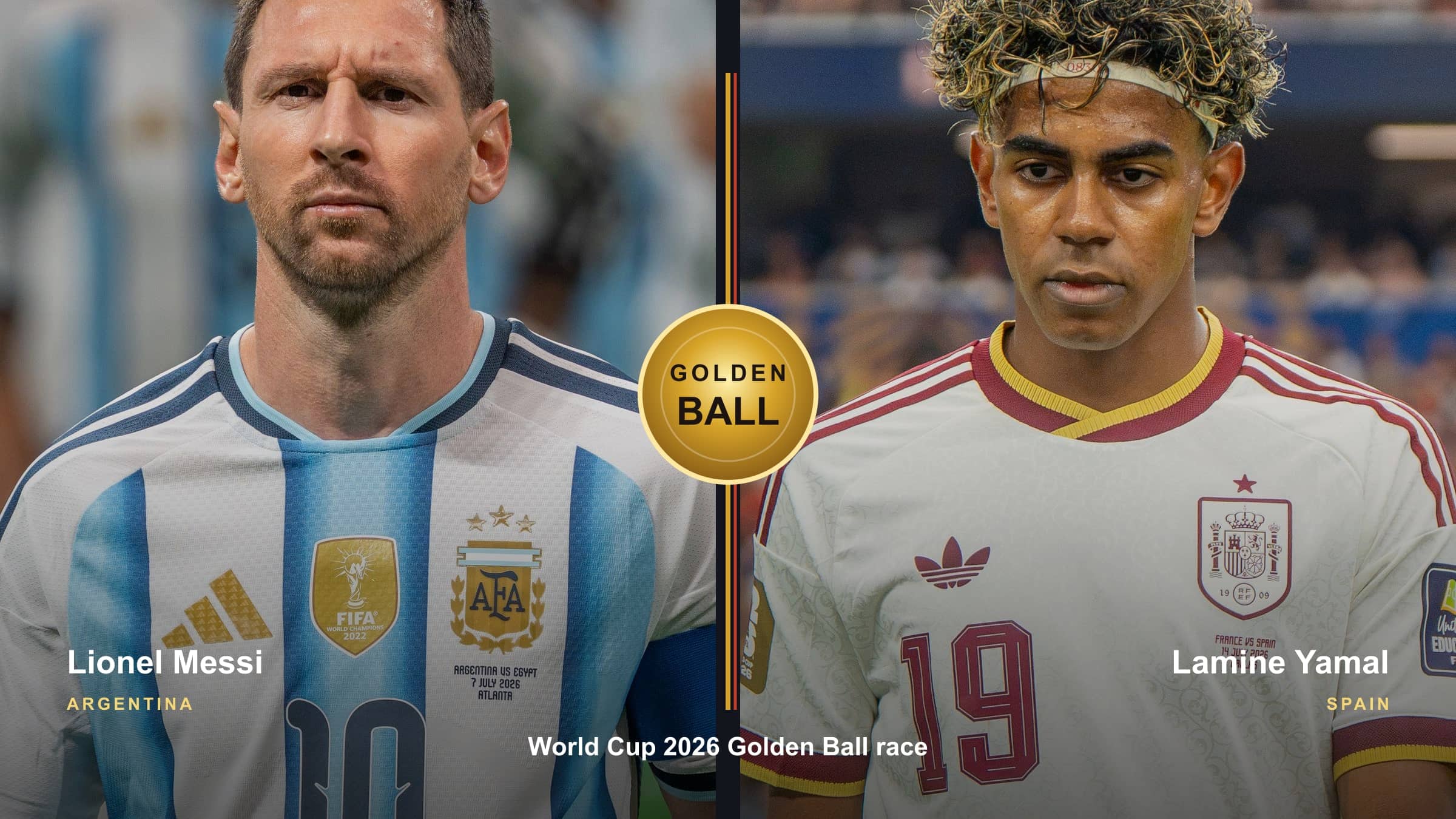 Lionel Messi and Lamine Yamal in a World Cup 2026 Golden Ball race graphic