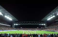 A World Cup 2026 stadium at night before a knockout match.